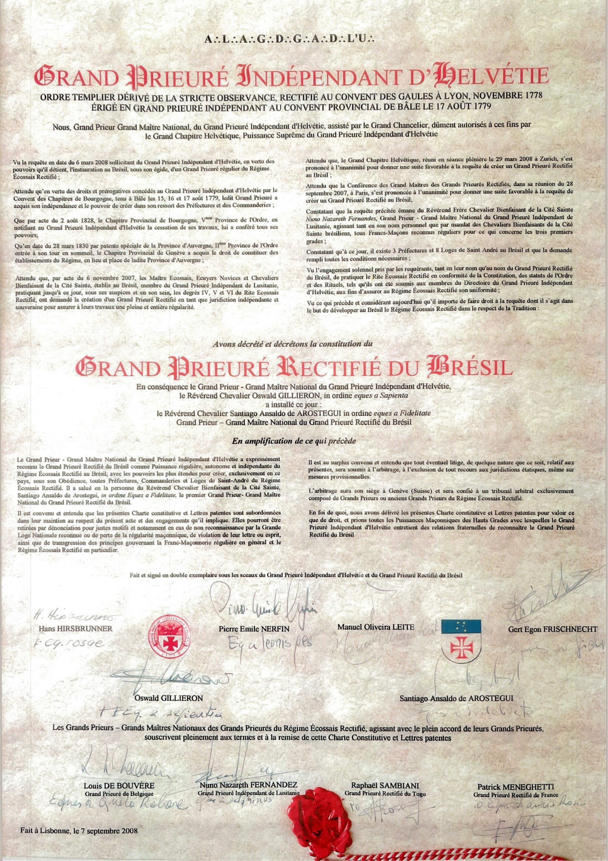 Carta Constitutiva e Letras Patentes do Grande Priorado Retificado do Brasil, outorgada pelo Grande Priorado Independente da Helvécia em Lisboa, 7 de setembro de 2008. Documento em francês, com brasões, dez assinaturas manuscritas e selo de lacre vermelho.