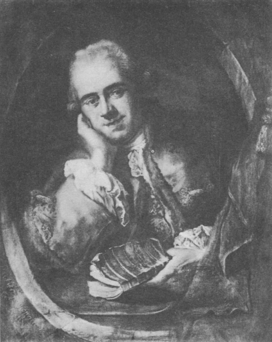 Retrato de Jean-Baptiste Willermoz, pintura do século XVIII: homem de peruca empoada e jabô de renda, com a mão apoiada no rosto e um livro na outra mão.